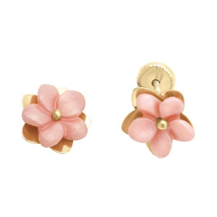 Joyeria Cristal Joyas | Broqueles Flor Con Madre Perla Rosa Oro 14K