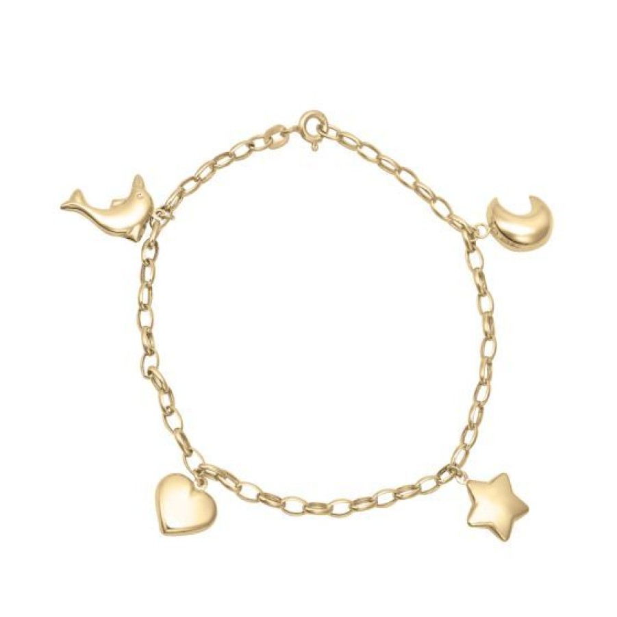 Joyeria Cristal Joyas | Pulsera Luna Estrella Corazon Y Delfin En Oro Italiano De 14K