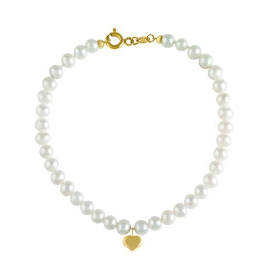 Joyeria Cristal Joyas | Pulsera Corazon Con Perla Natural 4-4.5 Mm Oro 14K