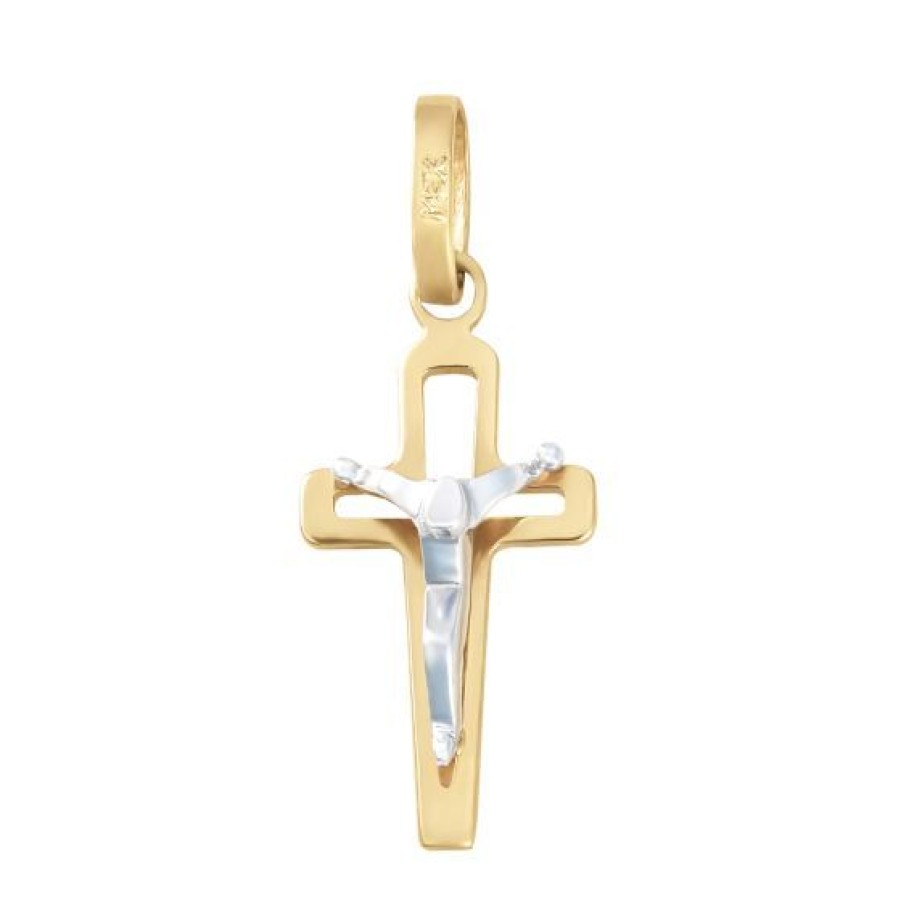 Joyeria Cristal Joyas | Cruz Moderna Con Cristo En Oro Blanco 14K