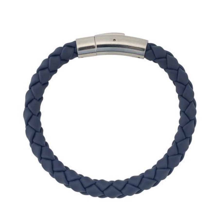 Joyeria Cristal Joyas | Brazalete Para Hombre De Caucho Azul Con Acero Blanco