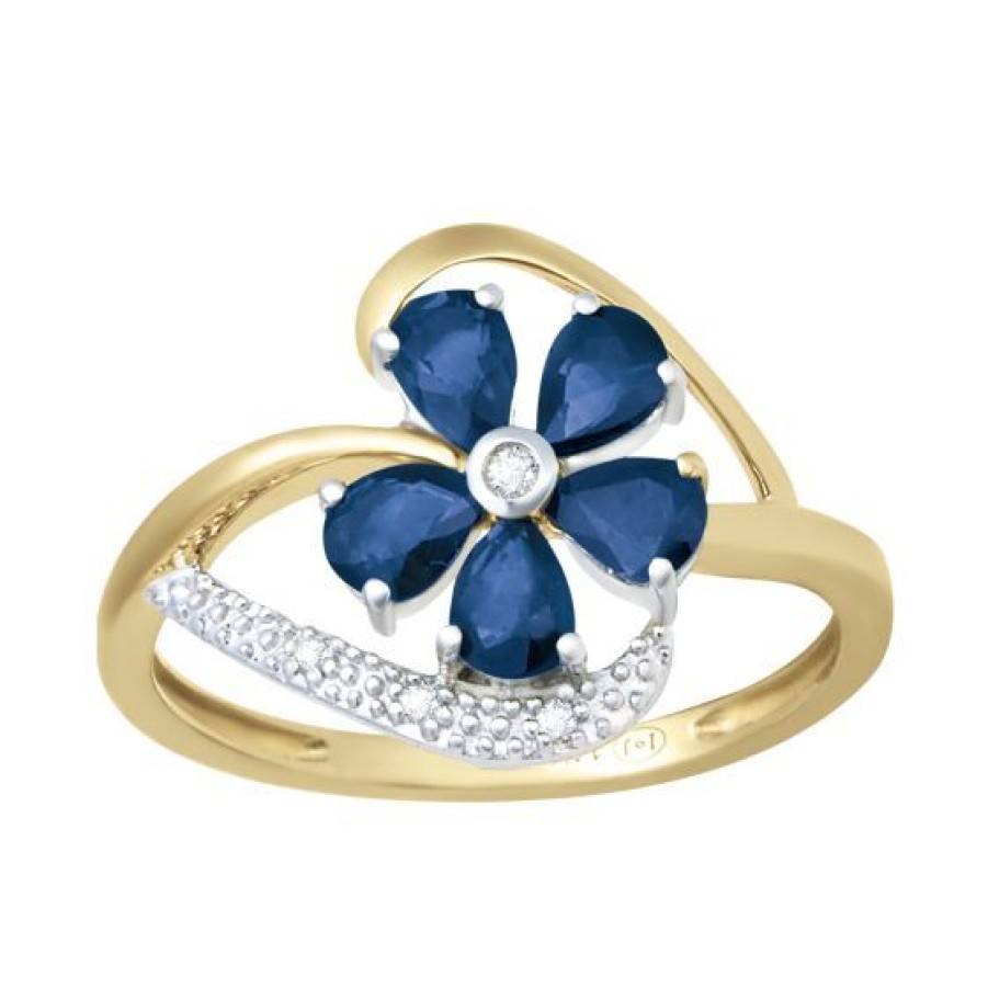 Joyeria Cristal Joyas | Anillo Oro 14K Flor Con 2 Puntos De Diamante Y 110 Puntos De Zafiro