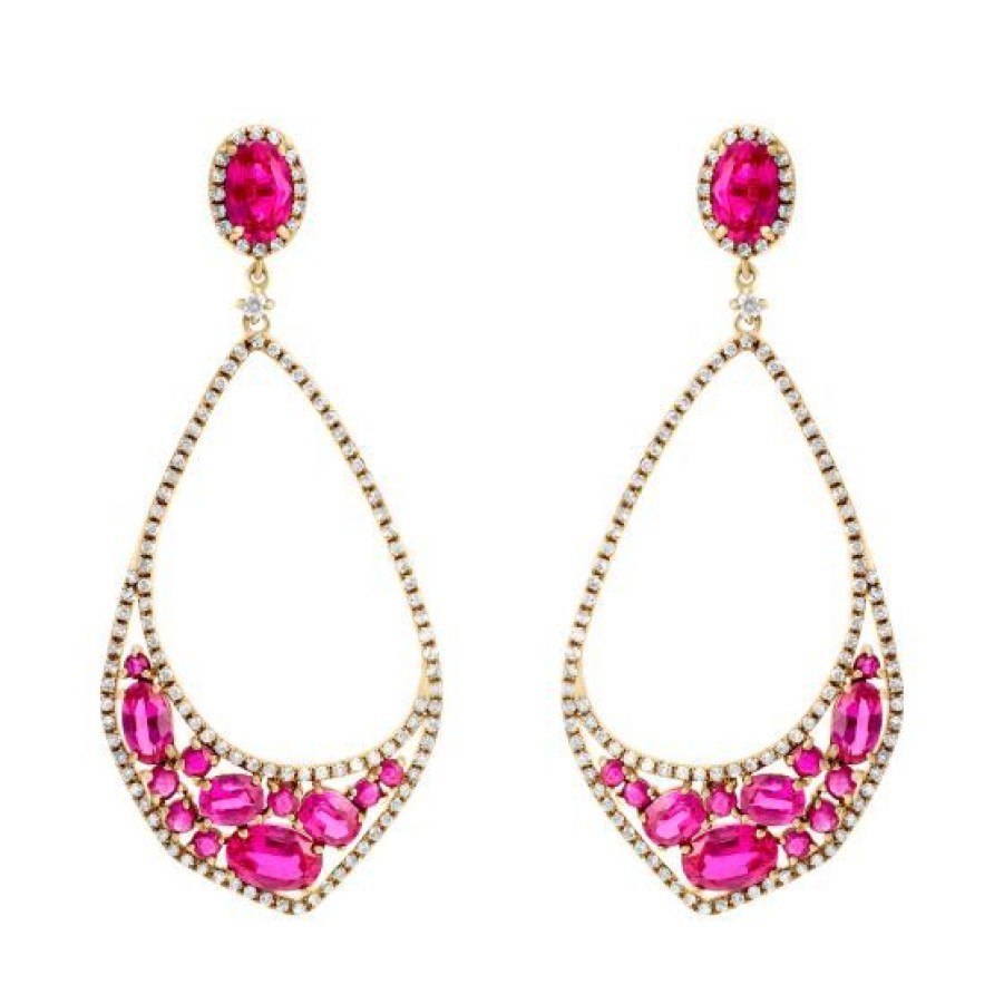 Joyeria Cristal Joyas | Aretes Oro 14K Con 73 Puntos De Diamante Y 4.07 Quilates De Rubi