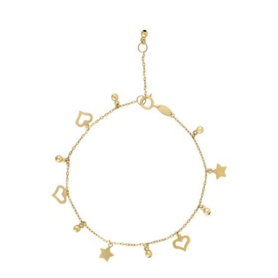 Joyeria Cristal Joyas | Pulsera Estrellas Y Corazon Con Bolitas Oro 14K