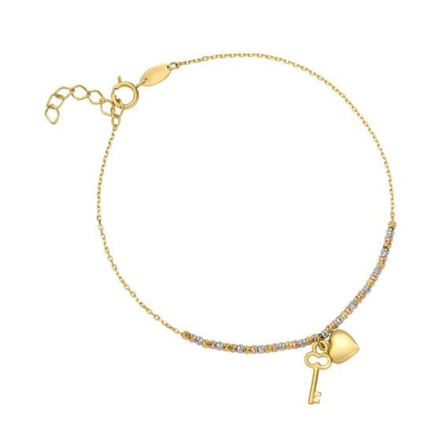 Joyeria Cristal Joyas | Pulsera Llave Y Corazon Oro Blanco, Amarillo Y Rosa 14K