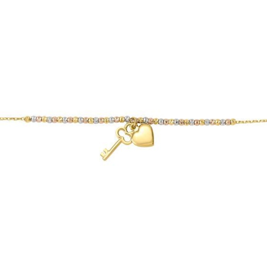 Joyeria Cristal Joyas | Pulsera Llave Y Corazon Oro Blanco, Amarillo Y Rosa 14K