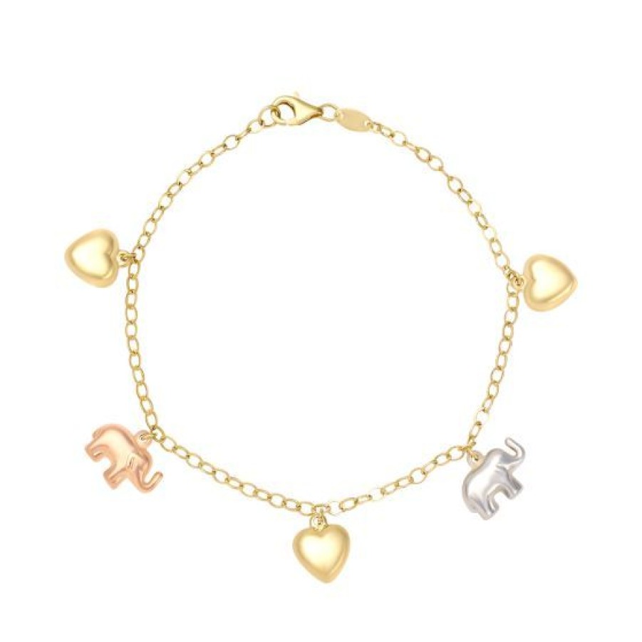 Joyeria Cristal Joyas | Pulsera Elefantes Y Corazones Oro Blanco Amarillo Y Rosa 14K