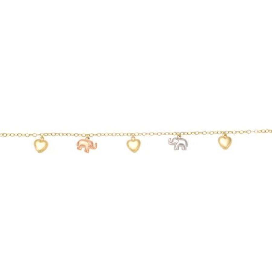 Joyeria Cristal Joyas | Pulsera Elefantes Y Corazones Oro Blanco Amarillo Y Rosa 14K