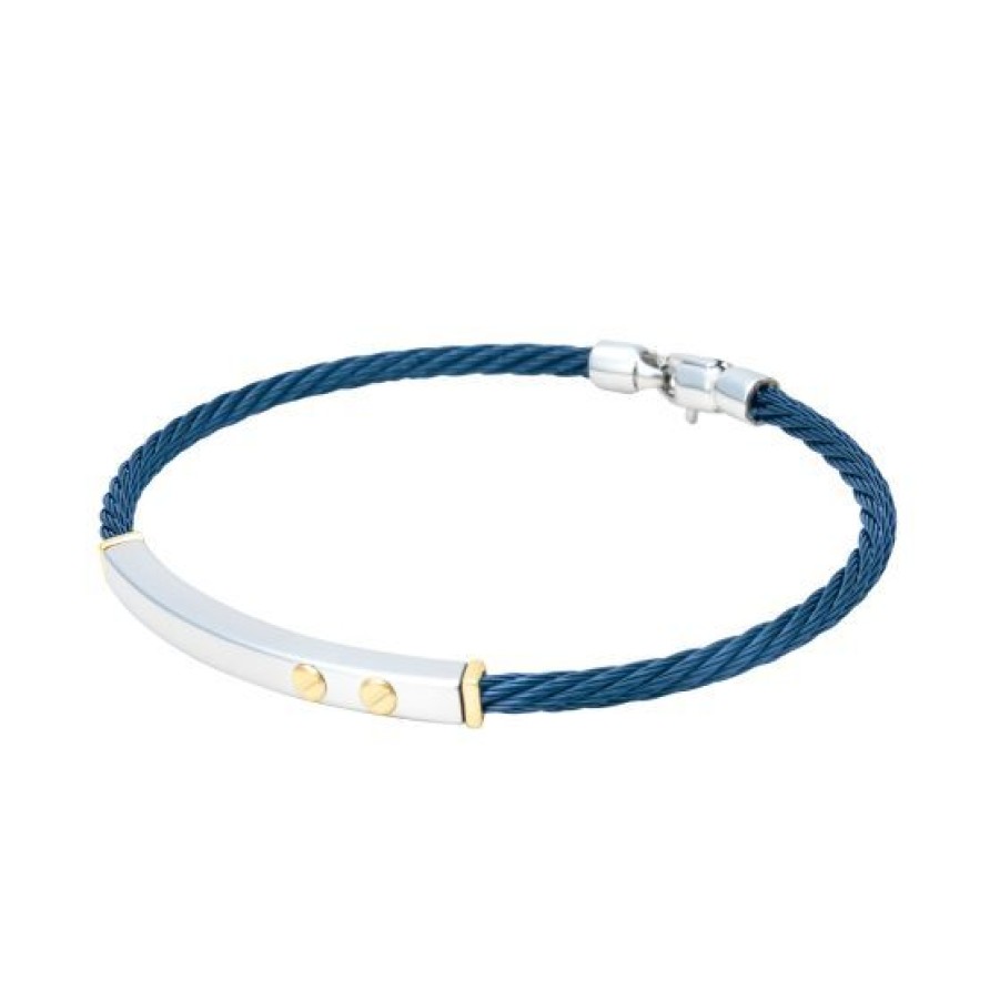 Joyeria Cristal Joyas | Esclava De Acero Color Azul 3Mm Con Detalles En Oro Blanco Y Amarillo 14K