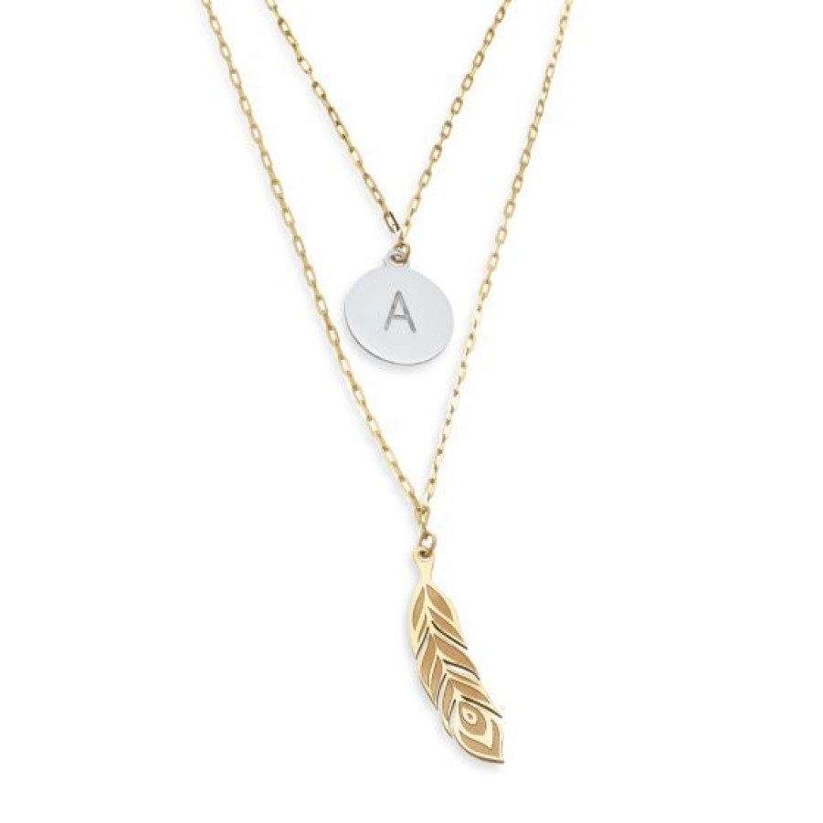 Joyeria Cristal Joyas | Dije Con Cadena Pluma Con Inicial "A" Oro Blanco Y Amarillo 14K