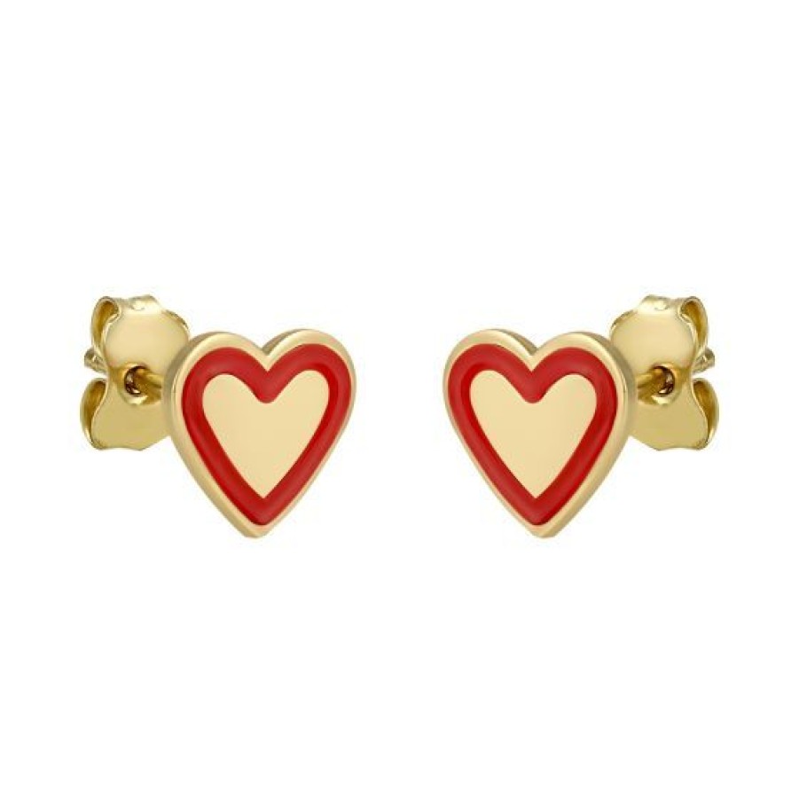 Joyeria Cristal Joyas | Aretes Corazon Oro 14K Contorno Esmalte Rojo