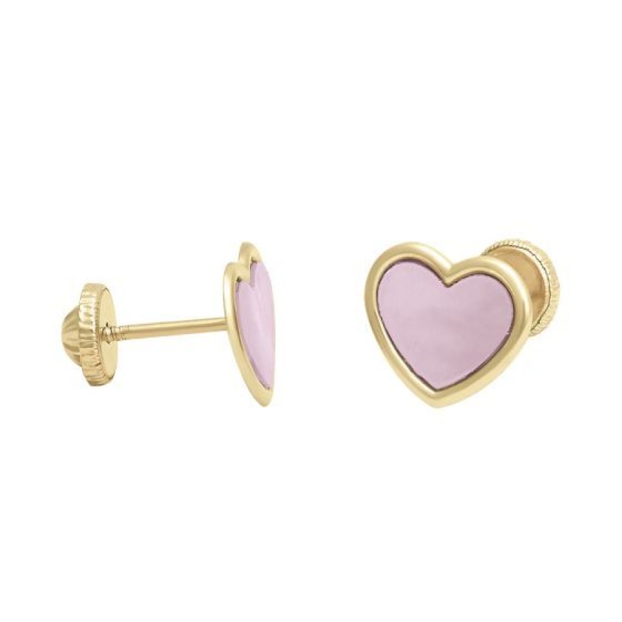 Joyeria Cristal Joyas | Aretes Broqueles Corazon Oro 14K Madre Perla Rosa