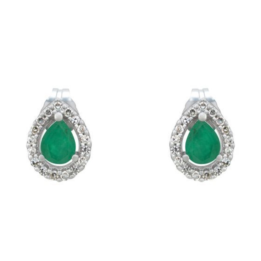 Joyeria Cristal Joyas | Aretes Oro Blanco 14K Con 17 Puntos De Diamante Y 90 Puntos De Esmeralda