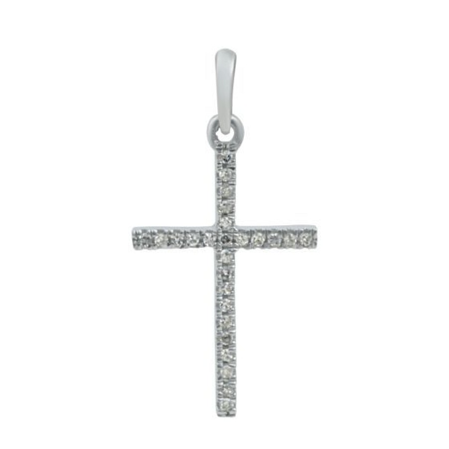 Joyeria Cristal Joyas | Cruz Oro Blanco 14K Con 6 Puntos De Diamante