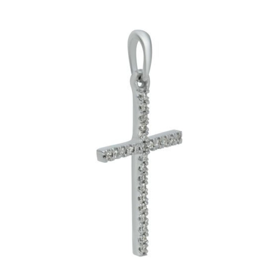 Joyeria Cristal Joyas | Cruz Oro Blanco 14K Con 6 Puntos De Diamante