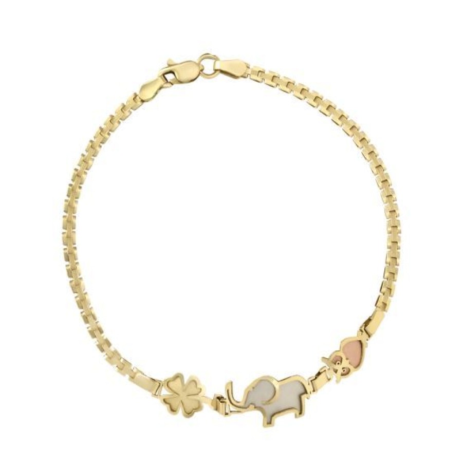 Joyeria Cristal Joyas | Pulsera Dama Oro Florentino 14K Trebol Elefante Buho