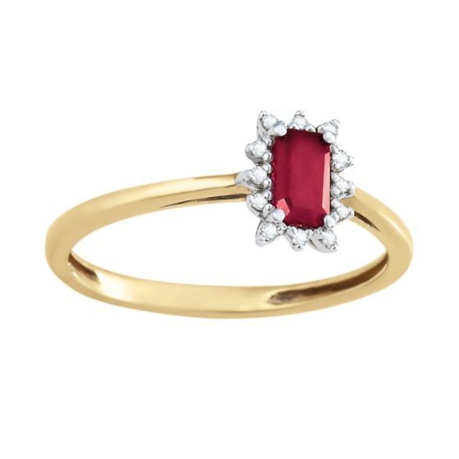 Joyeria Cristal Joyas | Anillo Oro 14K Con 3 Puntos De Diamante Y Rubi Corte Baguette