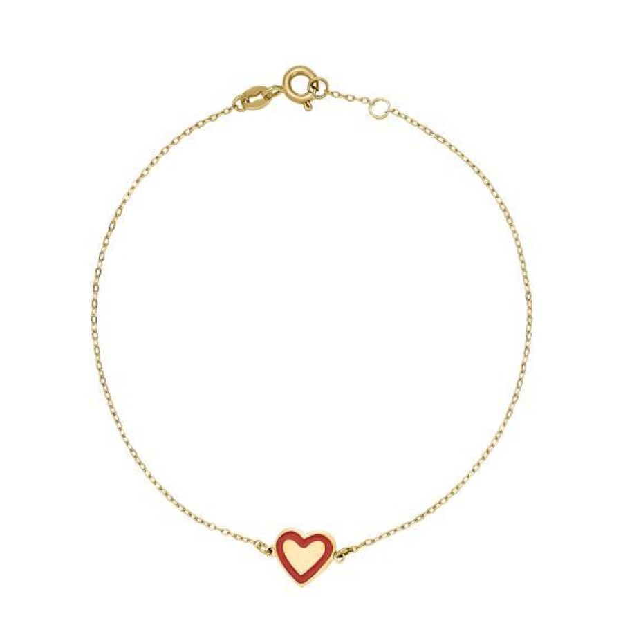 Joyeria Cristal Joyas | Pulsera Corazon Oro 14K Contorno Esmalte Rojo