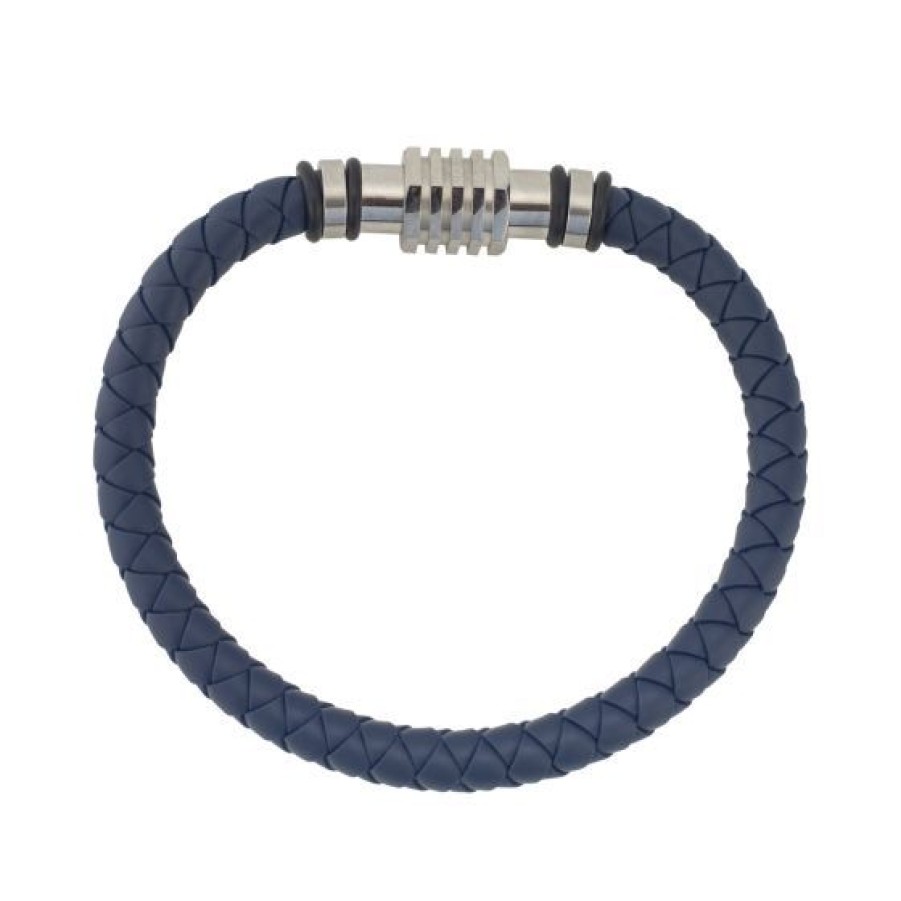 Joyeria Cristal Joyas | Brazalete Para Hombre De Caucho Azul Con Acero Blanco