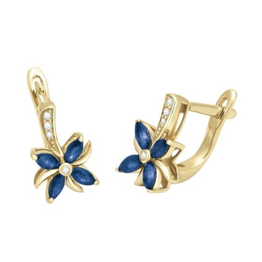 Joyeria Cristal Joyas | Aretes Flor Oro 14K Con 3 Puntos De Diamante Y 80 Puntos De Zafiro