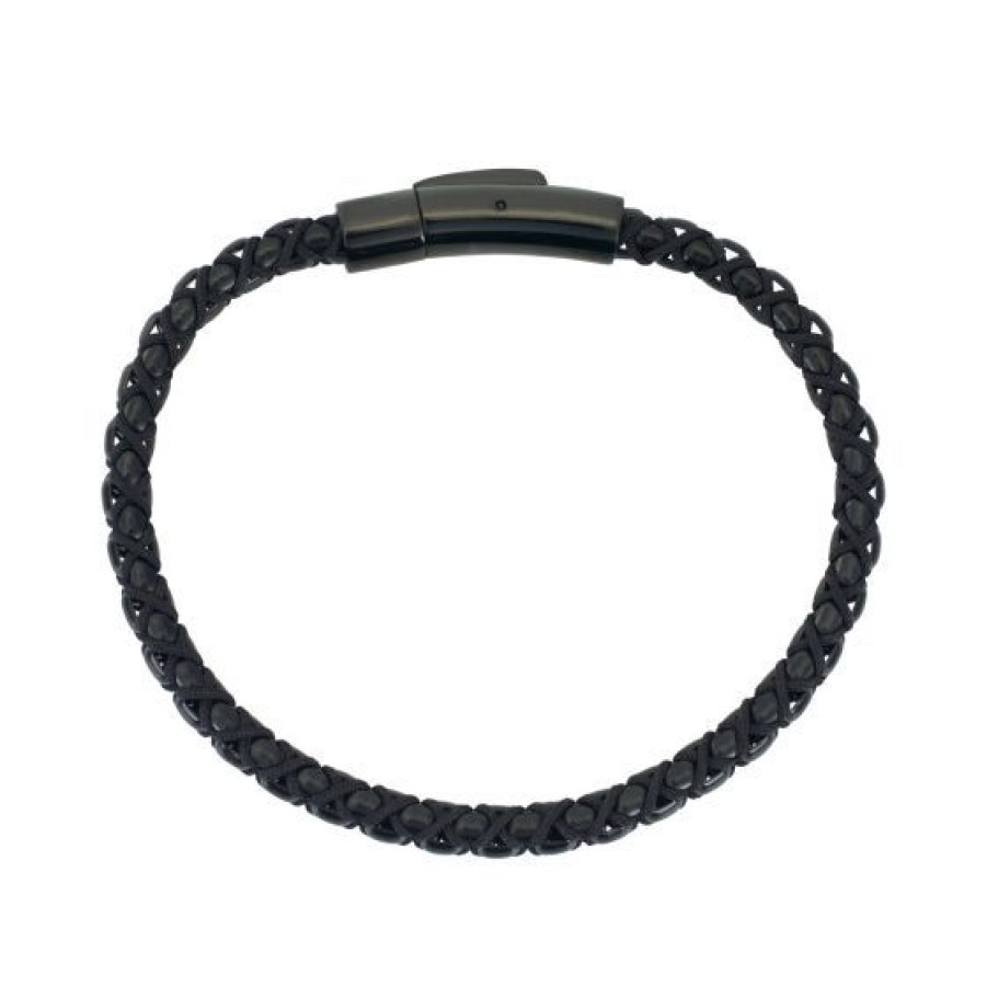 Joyeria Cristal Joyas | Brazalete Para Hombre De Acero Negro Con Hilo Negro