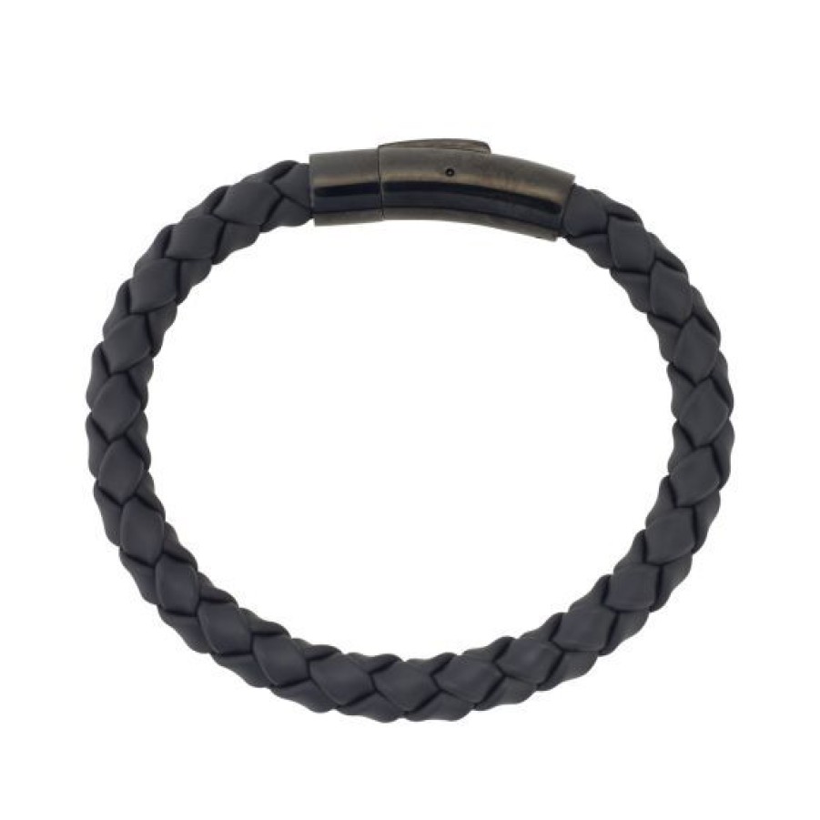 Joyeria Cristal Joyas | Brazalete Para Hombre De Caucho Negro Con Acero Negro