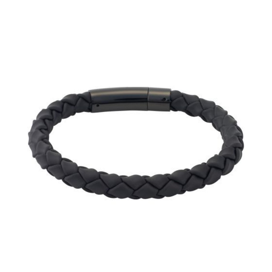 Joyeria Cristal Joyas | Brazalete Para Hombre De Caucho Negro Con Acero Negro