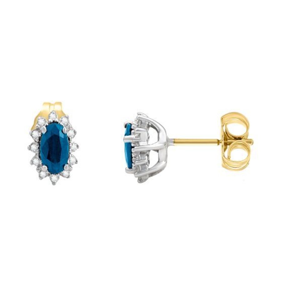 Joyeria Cristal Joyas | Aretes Oro Blanco Y Amarillo 14K Con 6 Puntos De Diamante Y 62 Puntos De Zafiro