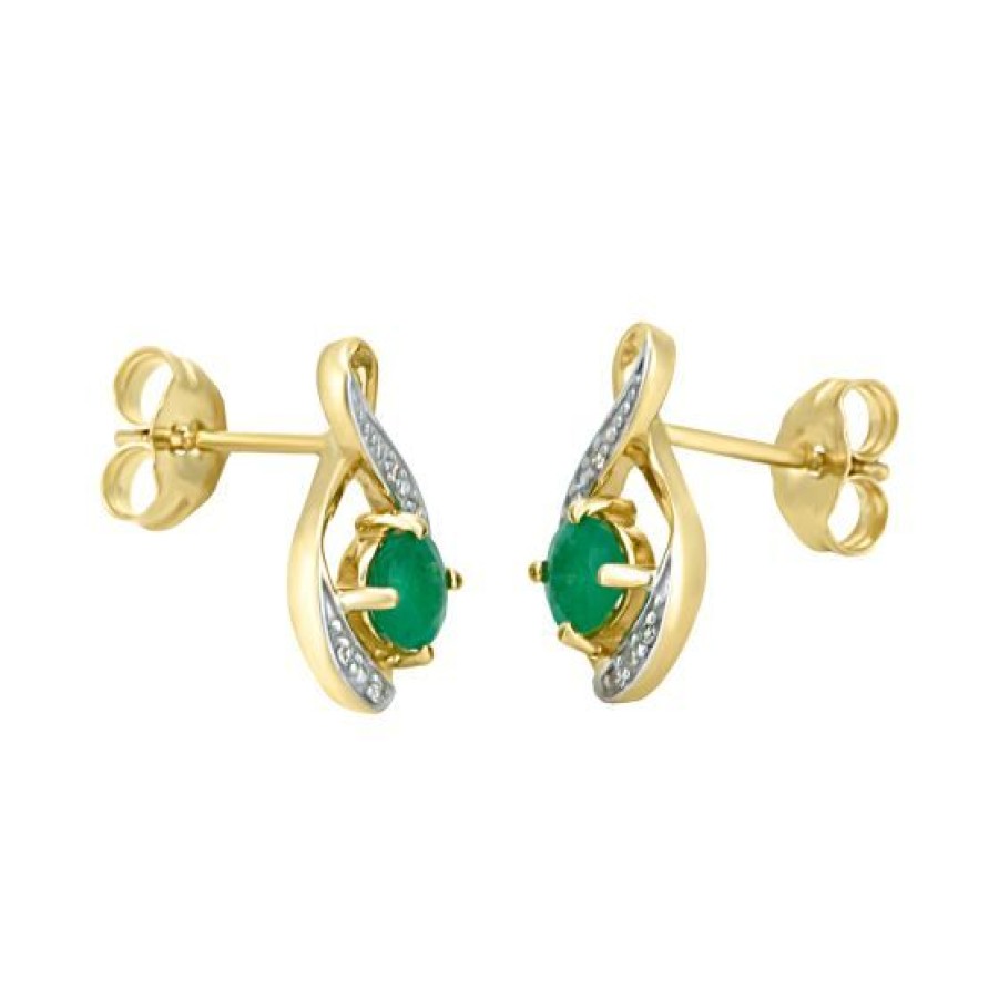 Joyeria Cristal Joyas | Aretes Oro 14K Con 2 Puntos De Diamante Y 50 Puntos De Esmeralda