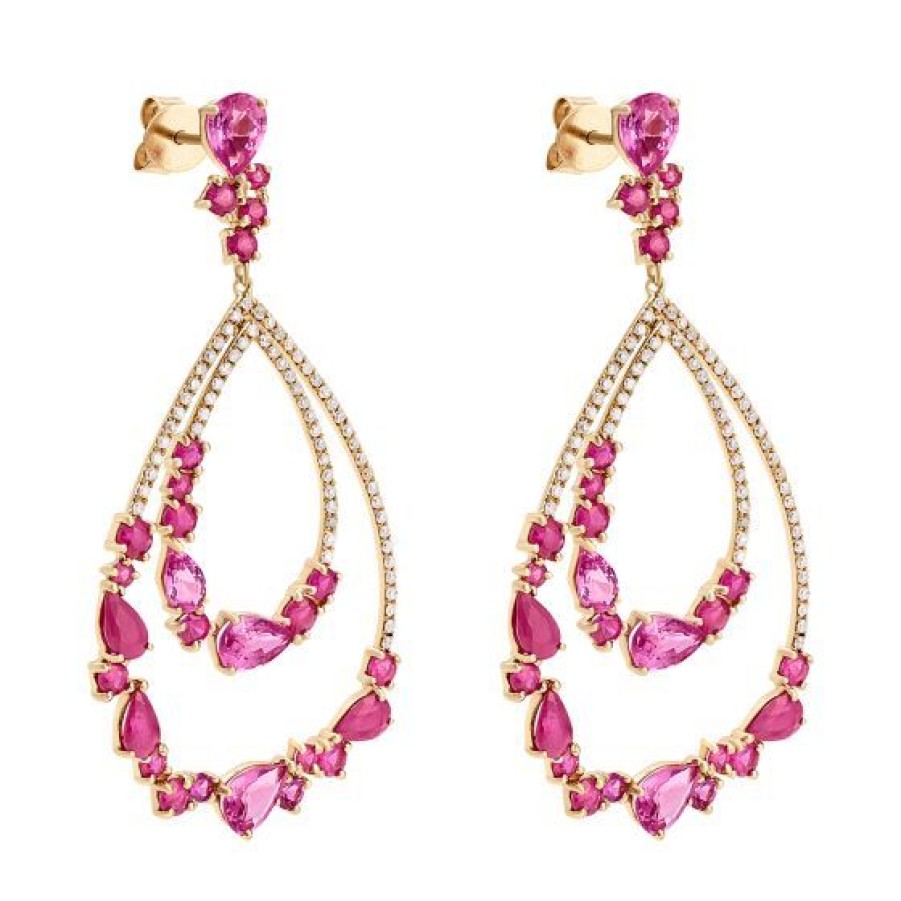 Joyeria Cristal Joyas | Aretes Oro Rosa 14K Con 52 Puntos De Diamante Y 6.93 Quilates De Amatista Y Rubi