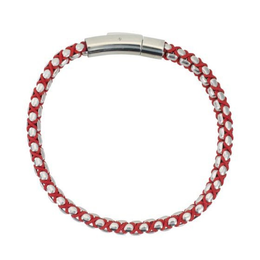 Joyeria Cristal Joyas | Brazalete Para Hombre De Acero Blanco Con Hilo Rojo