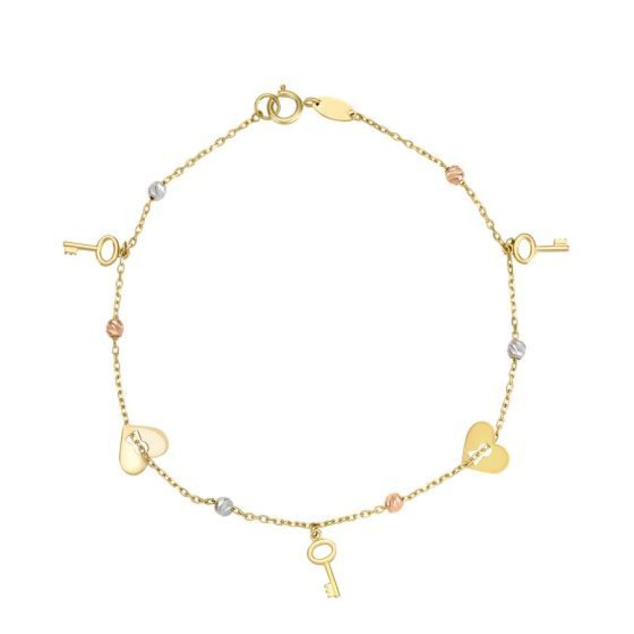 Joyeria Cristal Joyas | Pulsera Corazon Llave Oro Blanco, Amarillo Y Rosa 14K