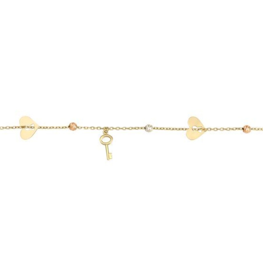 Joyeria Cristal Joyas | Pulsera Corazon Llave Oro Blanco, Amarillo Y Rosa 14K