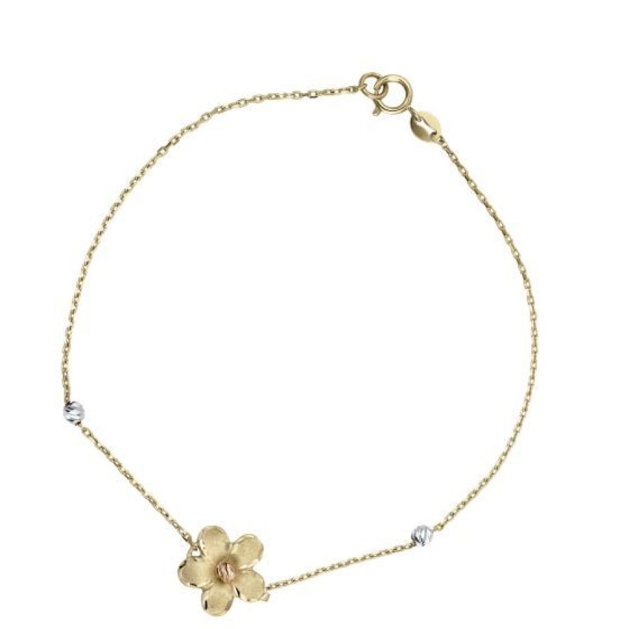 Joyeria Cristal Joyas | Pulsera Flor Oro Blanco, Amarillo Y Rosa 14K