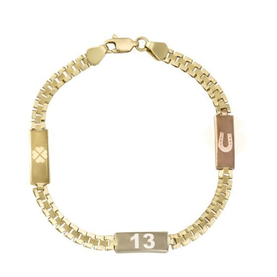 Joyeria Cristal Joyas | Pulsera Dama Placas De La Suerte Oro Florentino 14K