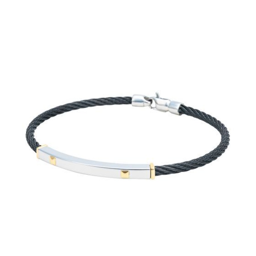 Joyeria Cristal Joyas | Esclava De Acero Color Negro 3Mm Con Detalles En Oro Blanco Y Amarillo 14K