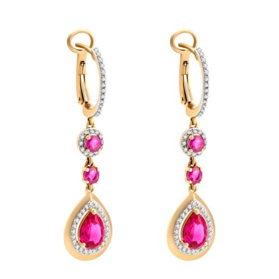 Joyeria Cristal Joyas | Aretes Oro Rosa 14K Con 33 Puntos De Diamante Y 239 Puntos De Rubi