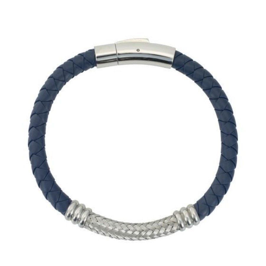 Joyeria Cristal Joyas | Brazalete Para Hombre De Caucho Azul Y Central Acero Blanco