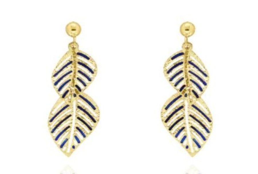 Joyeria Cristal Joyas | Aretes Hojas Oro 14K Esmalte Azul