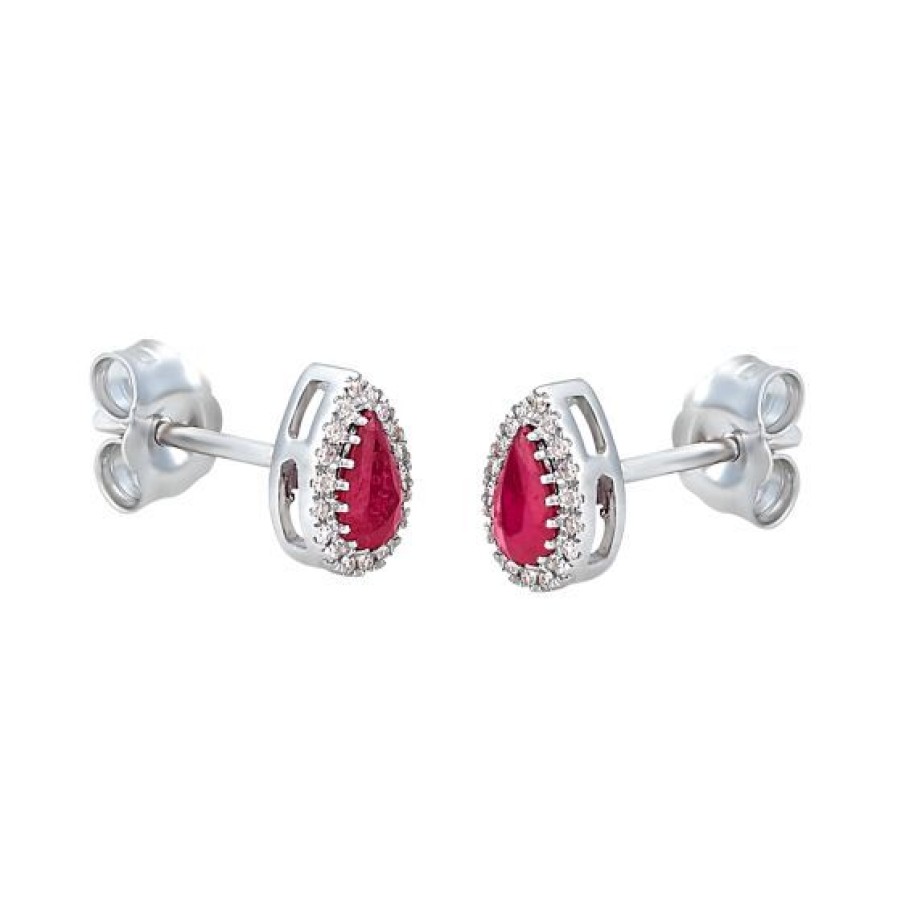 Joyeria Cristal Joyas | Aretes Oro Blanco 14K Con 7 Puntos De Diamante Y 68 Puntos De Rubi