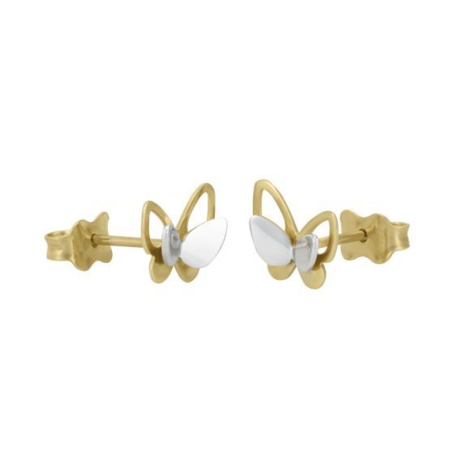 Joyeria Cristal Joyas | Aretes Mariposas Oro Amarillo Y Blanco 14K Pulido Texturizado