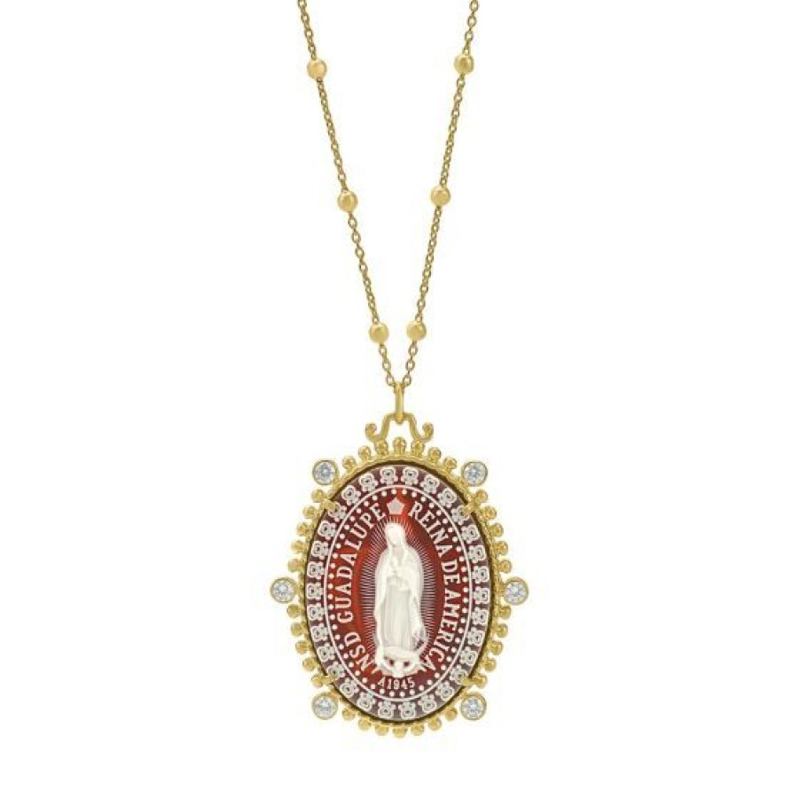 Joyeria Cristal Joyas | Medalla Reina Nuestra Senora De Guadalupe Agata Roja 22Mm X 30Mm Con Cadena Tipo Rosario 60 Cm