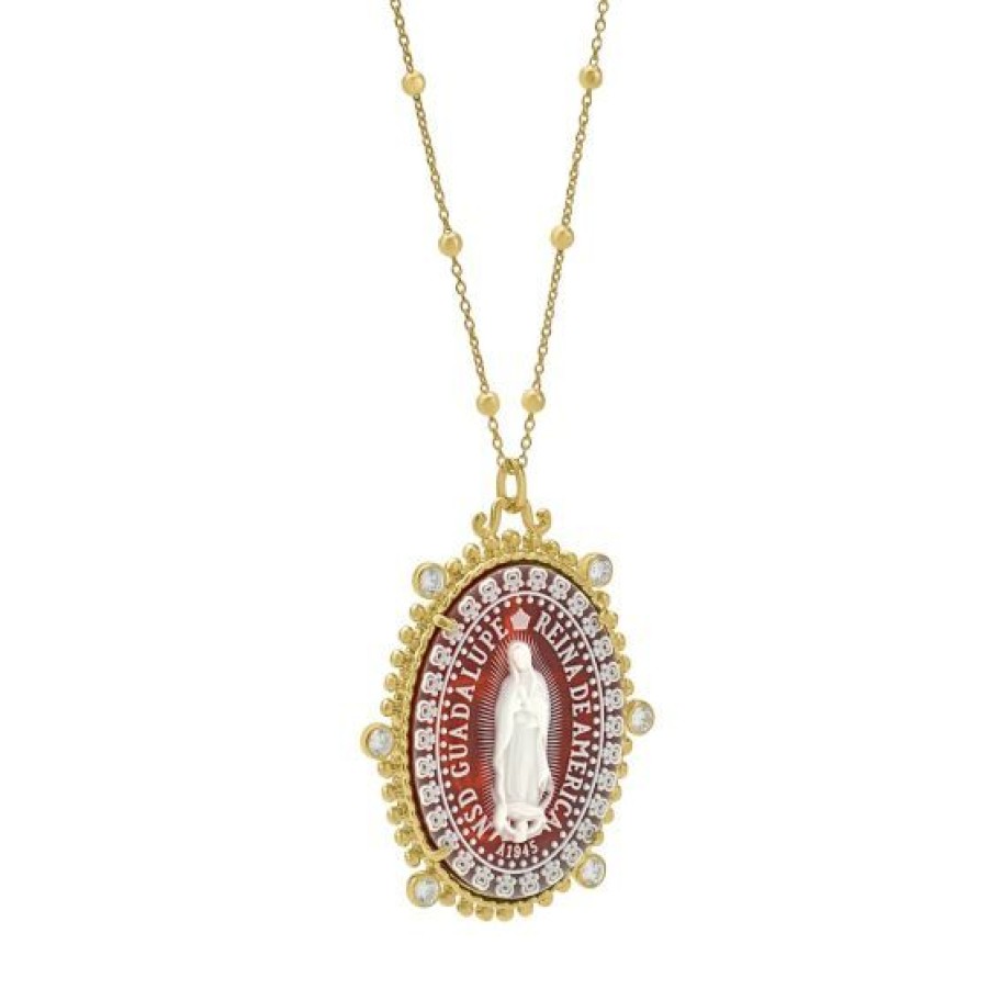 Joyeria Cristal Joyas | Medalla Reina Nuestra Senora De Guadalupe Agata Roja 22Mm X 30Mm Con Cadena Tipo Rosario 60 Cm