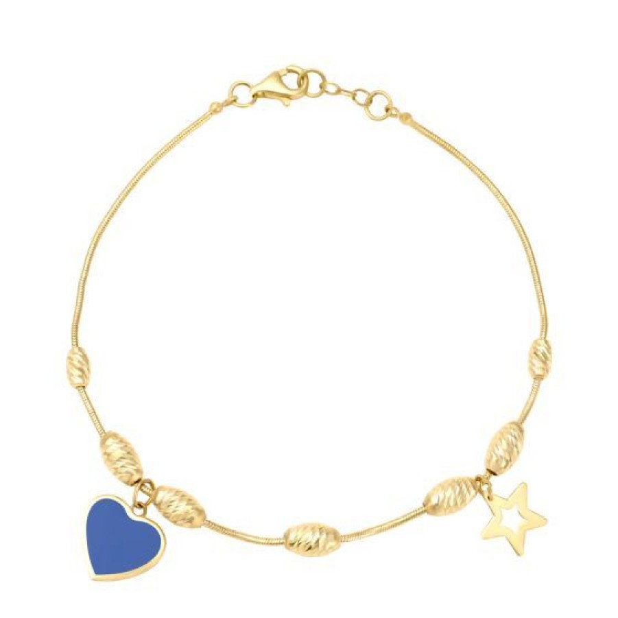 Joyeria Cristal Joyas | Pulsera Estrella Y Corazon Esmalte Azul Oro 14K