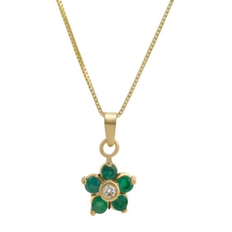 Joyeria Cristal Joyas | Dije Con Cadena Camelia Oro 14K Con 3 Puntos De Diamante Y 18 Puntos De Esmeralda