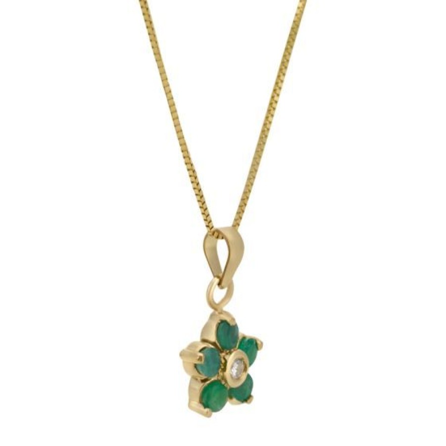 Joyeria Cristal Joyas | Dije Con Cadena Camelia Oro 14K Con 3 Puntos De Diamante Y 18 Puntos De Esmeralda