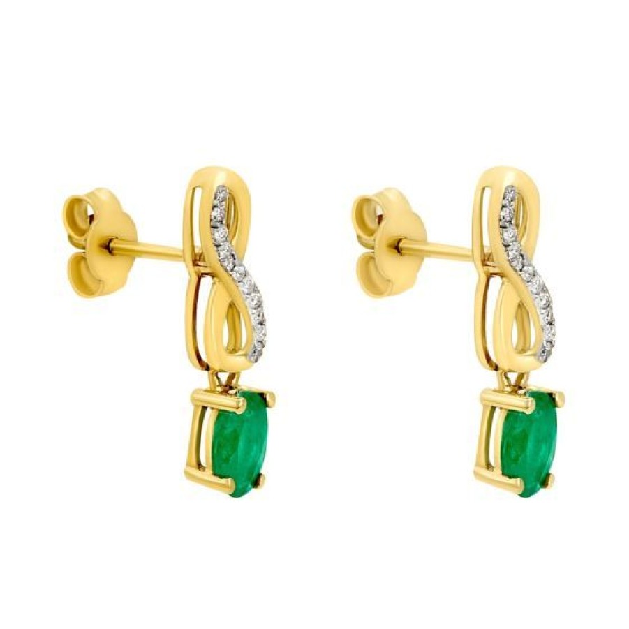 Joyeria Cristal Joyas | Aretes Lisa Oro 14K Con 11 Puntos De Diamante Y 110 Puntos De Esmeralda Corte Brillante