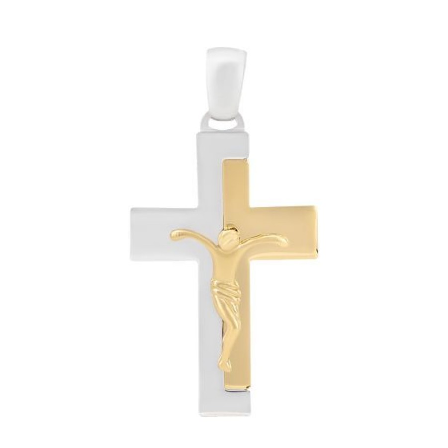 Joyeria Cristal Joyas | Cruz Con Cristo Oro Blanco Y Amarillo 14K