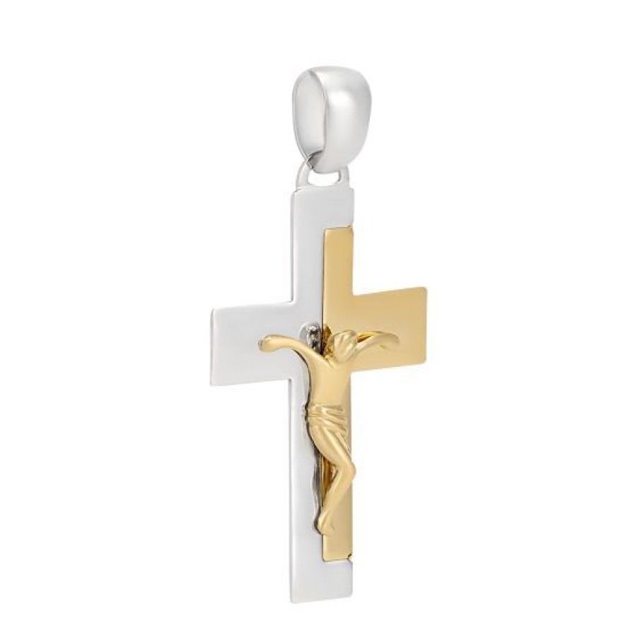 Joyeria Cristal Joyas | Cruz Con Cristo Oro Blanco Y Amarillo 14K