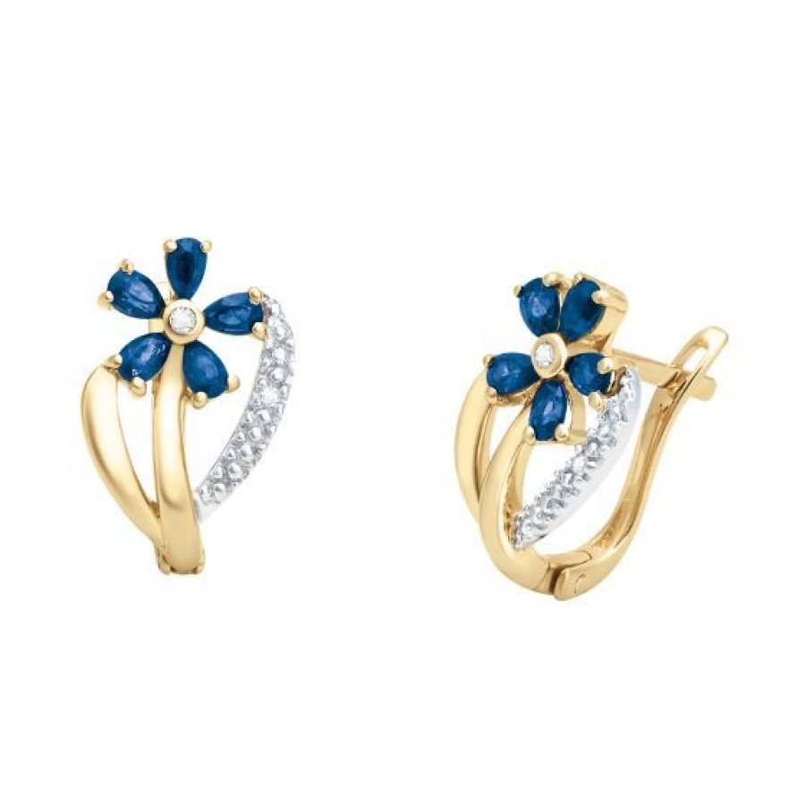 Joyeria Cristal Joyas | Aretes Flor Oro14K Con 2 Puntos De Diamante Y 100 Puntos De Zafiro